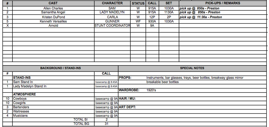 Call Sheet